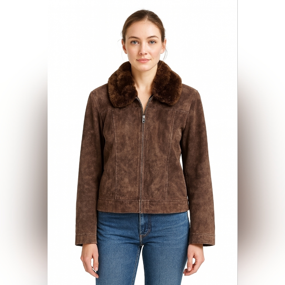 Vintage Brown Suede Leather Jacket M Faux Fur Collar Y2K Quiet Luxury Equestrian - Picture 2 of 12